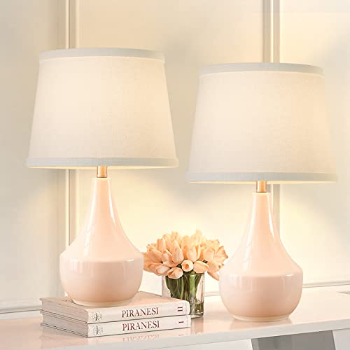 18" Table Lamp Set of 2, Ceramic Lamp Classic Beside Lamps Nightstand Lamp Modern Bedside Lamp for Living Room, Bedroom & Office Rocker Switch Pink-LED Bulbs Included