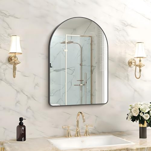 FORBATH Arched Bathroom Mirror 16x24 Inch, Black Bathroom Mirror Wall Mounted Modern Aluminum Alloy Frame Arch Mirror for Bedroom Living Room Entryway, Hanging or Leaning Against Wall
