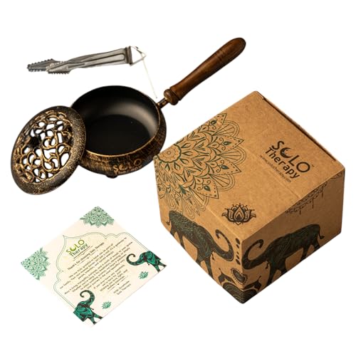 Iron Charcoal Burner with Lid & Wood Handle with Charcoal Tong, 9" Golden Finish, Burner for Incense, Charcoal Burner with Handle, Includes Charcoal Tong