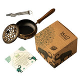 Iron Charcoal Burner with Lid & Wood Handle with Charcoal Tong, 9" Golden Finish, Burner for Incense, Charcoal Burner with Handle, Includes Charcoal Tong
