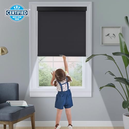 Persilux Cordless Blackout Roller Shades with Valance, Thermal Insulated Fabric Window Blinds, Free-Stop Shades for Home, Door and Bedroom (Black, 34.5"W x 64"H)