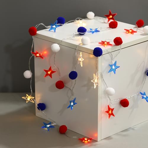 4th of July Decorations 9.5FT Red White Blue Pompom String Lights Battery Operated 8 Lighting Modes & Timer 20 LED Patriotic Fairy Lights for Independence Day, Memorial Day, Presidents Day, Bedroom