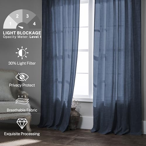 Navy Blue Polyester Curtains 96 Inches Long 2 Panel Set Midnight Blue Light Filtering Privacy Semi Sheer Curtain Panels Modern Farmhouse Window Drapes for Living Room Bedroom Indigo, 8FT