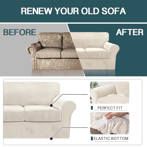 FantasDecor 4 Piece Sofa Velvet Couch Covers for 3 Cushion Stretch Slipcover with Individual Seat Cushion Elastic Furniture Protector for Pets, Machine Washable (Sofa, Ivory)