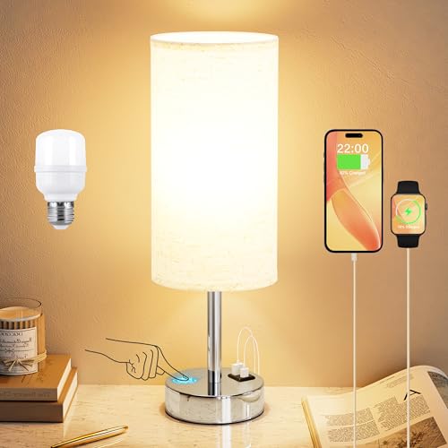 Dicoool Touch Table Lamp for Bedroom, 3 Way Dimmable Bedside Lamp with USB C & A Charging Ports - Small Desk Lamp for Dorm Room, College, Kids, Office, Living Room, White