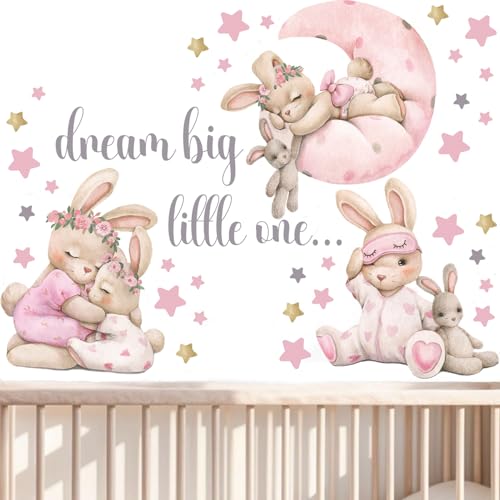 Pink Bunny Nursery Wall Decals-Baby Girl Room Rabbit Wall Decor, Animal Stickers for Kids Playroom, Toddler Bedroom and Nursery Decoration, Removable Vinyl Decals, Peel and Stick Easy to Apply.