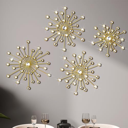 Blulu 4 Pcs Metal Wall Decor Bling Crystal Wall Art Cast Iron Rhinestones Sunburst Decor Starburst Art Hanging Diamond Accents Home Decorative for Living Room Bedroom Entryway(Gold)