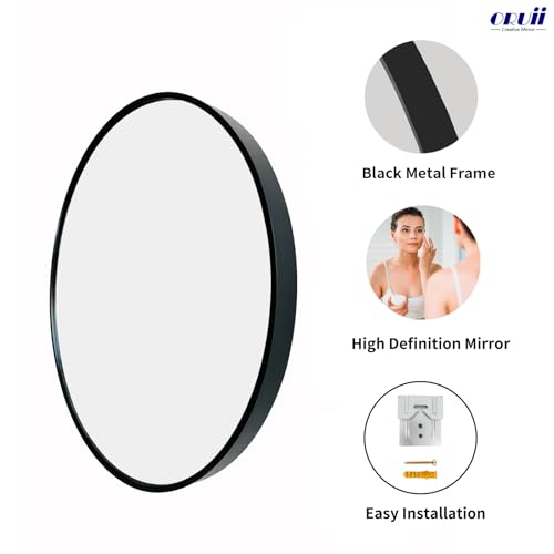 Oruii Round Mirror, Black Round Mirror 24 inch, Circle Wall Mirrors Metal Frame, Black Circular Mirrors for Bathroom, Wall, Living Room, Entryway, Hallway, Vanity, Rustic