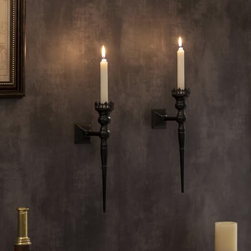 Gothic Wall Sconce Candle Holder for Taper Candles (Set of 2) Black Iron Crown and Scepter Design Victorian Wall Decor for Living Room, Bathroom,Dining Room