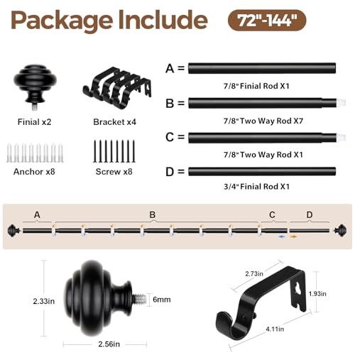 KAMANINA Black Curtain Rods for Windows 72 to 144 Inches (6-12ft) Long Heavy Duty Curtain Rods, 7/8 Inch Adjustable Decorative Drapery Rods Set with Modern Finials