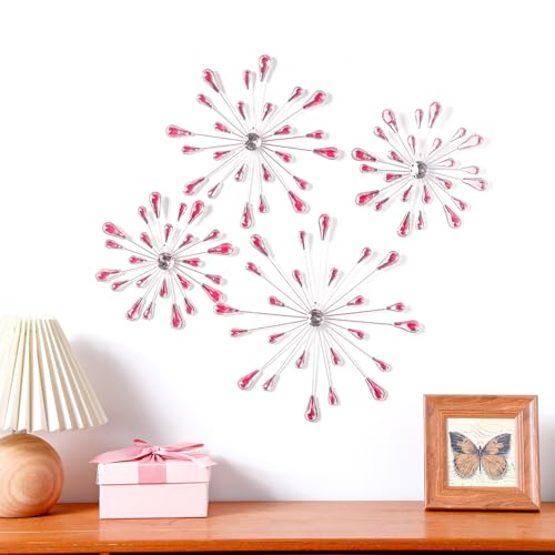 Hicarer 4 Pcs Starburst Wall Decor Bling Wall Art Crystal Teardrop 3D Hanging Rhinestone Radial Metal Artwork Modern Accent Sculptures Decorations for Living Room Home Office Bedroom(Pink)