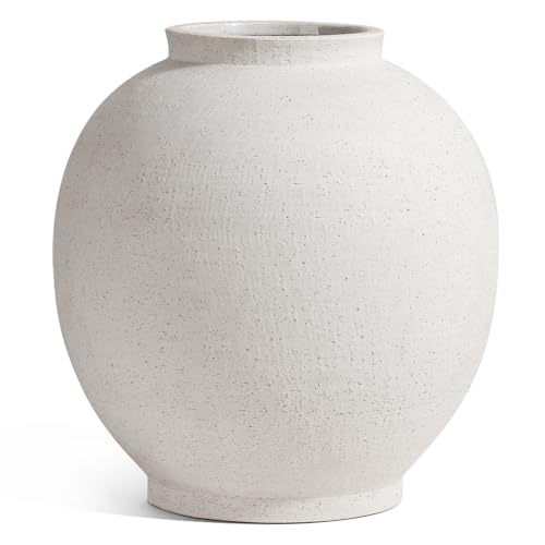 White Ceramic Vase - Large 12.5 Inch Round Floor Vase for Centerpieces, Farmhouse Flower Vases, Rustic Minimalist Home Decor (Sandstone White)