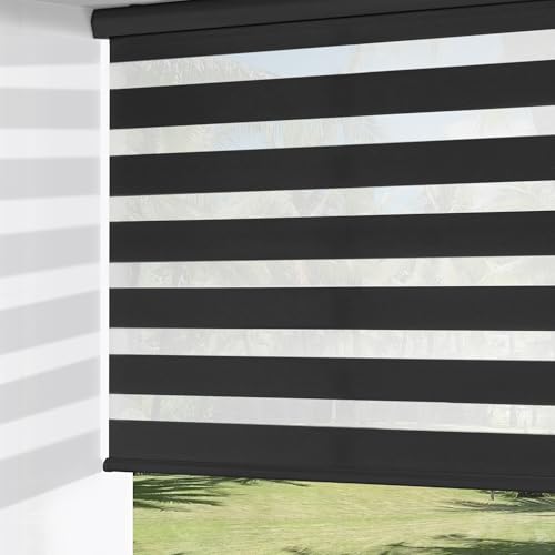 ChrisDowa Cordless Zebra Blinds for Windows, Dual Layer Free-Stop Light Filtering Window Roller Shades, Pull Down Privacy Zebra Shades for Home, Office, Bedroom, Door (20" W x 72" H, Black)
