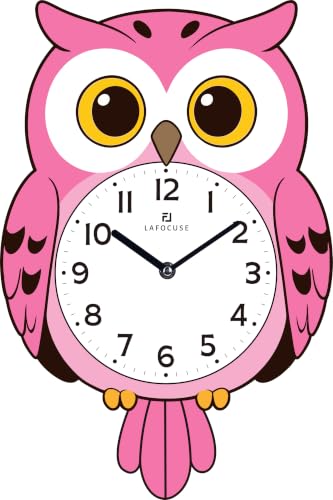 Lafocuse 12 Inch Owl Clock with Swinging Tail, Pink Wall Clock Kids Room | Pendulum Design, Crystal Ceramic Art Clock Dial, Battery Operated, Cute Modern Style for Girls Room Bedroom Living Room