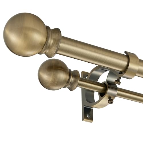 Antique Bronze Double Curtain Rods 36-72 Inch,1’’Front and 5/8’’Back Double Drapery Rod with Small Round Ball and Aluminum Brackets, Adjustable Dual Window Rod for Sheer/Blackout Curtains