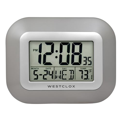 Westclox Large Digital Wall Clock with Date, Day & Temperature – Battery Operated Digital Clock with Alarm & Snooze, 12/24 Hour Display, Stylish Wall or Desk Clock for Home, Office & Bedroom (Gray)