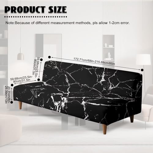 Black Marble Futon Covers Slipcover Full Size Furniture Protector Indoor Armless Sofa Slipcover with Elastic Bottom Soft Home Decor Pet Protection