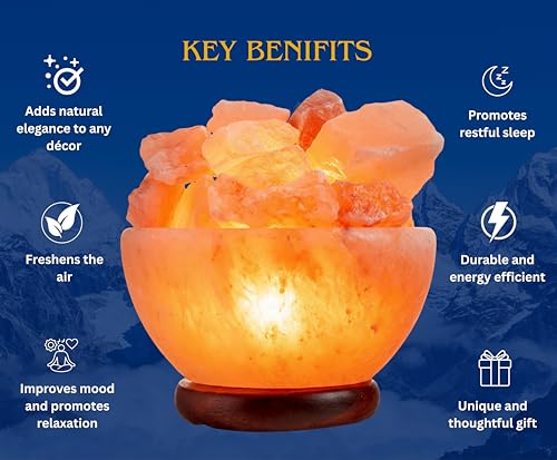 Himalayan Salt Lamp Bowl with Natural Crystal Chunks, Dimmer Cord and Classic Wood Base Premium Quality Authentic from Pakistan