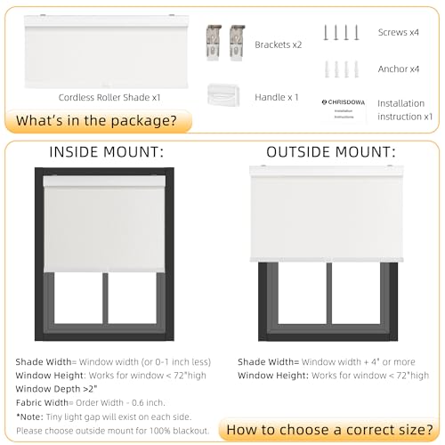 ChrisDowa Cordless Blackout Roller Shades for Windows, Striped Free-Stop Window Blinds with Privacy, Thermal Insulated Window Shades for Home, Office and Door. White, 20" W x 72" H