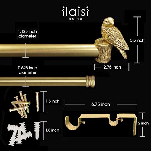 1-1/8 Inch Diameter Brushed Gold Curtain Rod with Bird Design Finials, 36-72'' Telescoping Double Curtain Rods for window width 24-68 inch, Decorative Drapery Rods for Bedroom,Living Room