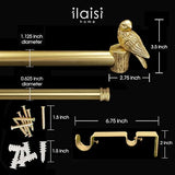 1-1/8 Inch Diameter Brushed Gold Curtain Rod with Bird Design Finials, 36-72'' Telescoping Double Curtain Rods for window width 24-68 inch, Decorative Drapery Rods for Bedroom,Living Room