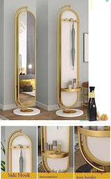 Floor-Standing Full-Length Mirror with Metal Frame 360° Rotating Full-Length Mirror is Suitable for Bedroom, Living Room, Cloakroom, Etc. (Gold)