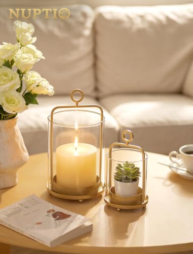 NUPTIO Gold Lanterns Set of 2 Hurricane Glass Candle Holders for Pillars