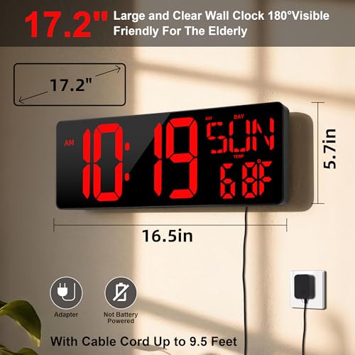 CYMHCHL 17.2" Large Digital Wall Clock Large Display with Remote Control | Timer with Temperature Date Week Auto DST Adjustable Brightness, for Living Room Classroom Garage Gym Gift for Senior Mom Dad