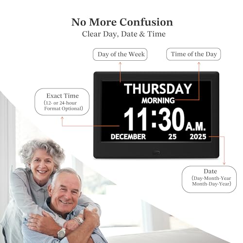 7'' Dementia Clock For Seniors, Large Display Digital Clock With Date, Time, Day Of Week for Elderly, Memory Loss, Alzheimer, 1024*600P HD, 10 Reminders & 6 Alarms, Auto Dimming & DST, Remote Control