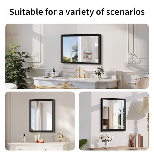 DESBING 18x24 inch Black Bathroom Mirror,Bevelled Edge Black Mirror with Ribbed Texture-Modern Rectangle Bathroom Wall Mirror for Vanity, Tempered Glass,Hangs Horizontally or Vertically