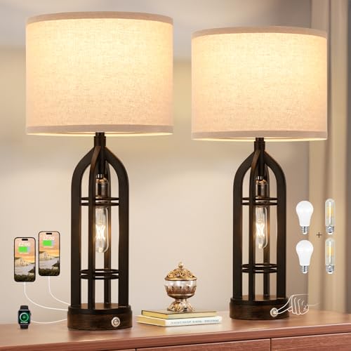 Seealle Table Lamps for Living Room Set of 2 - Black Bedside Lamp for Bedroom with USB C+A & Outlet, Farmhouse Lamps for Night Stands, 3-Way Dimmable Touch Lamps for Living Room with Oat Shade