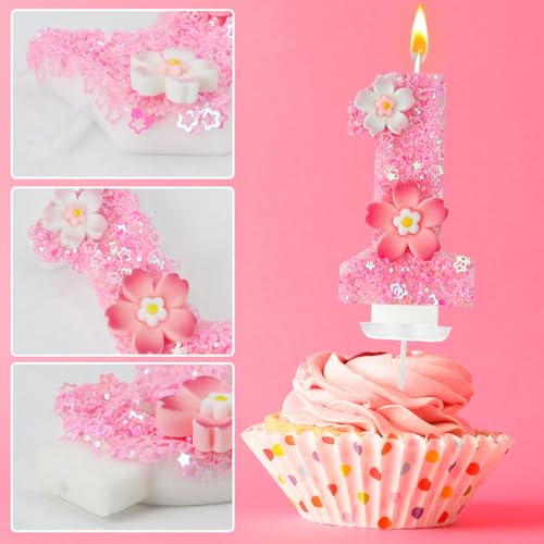 Pink Flower Birthday Candle,Number Birthday Candles for Cake, Ideal Birthday Parties Cake Decor, Wedding Anniversary and Other Celebrations (Number 1, Pink)