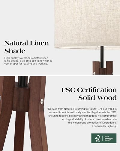 Wood Tripod Floor Lamp, Mid Century Reading Standing Lamp with 3 Color Temperatures & Linen Shade, Modern Night Light for Bedroom, Farmhouse, Living Room, Office, 9W LED Bulb Included, Brown