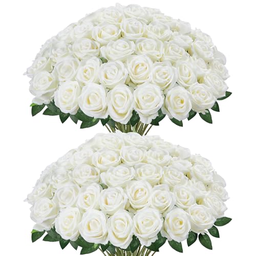 InnoGear 50 Pcs White Roses Artificial Flowers, Fake Velvet Silk Rose Bulk Faux Flower for Mother's Gift Decoration DIY Wedding Centerpieces Proposal Bridal Bouquets Party Floral Decor (50, White)