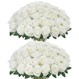 InnoGear 50 Pcs White Roses Artificial Flowers, Fake Velvet Silk Rose Bulk Faux Flower for Mother's Gift Decoration DIY Wedding Centerpieces Proposal Bridal Bouquets Party Floral Decor (50, White)