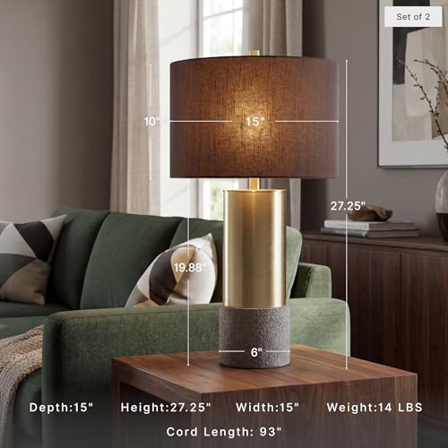 Signature Design by Ashley Jacek Contemporary Table Lamp, 2 Count, 3 Way Switch, Metal, Poly Resin and Drum Shade, 15" W x 15" D x 27.25" H, Gray & Brass Finish
