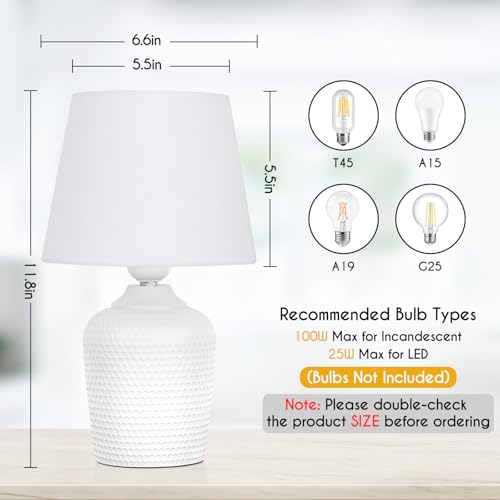 Small 11.8" Table Lamps Set of 2, Bedside Nightstand Lamps for Bedroom Kid’s Room, Cute Desk Lamps with Studded Texture Base for Reading Nursery Living Room Office, White