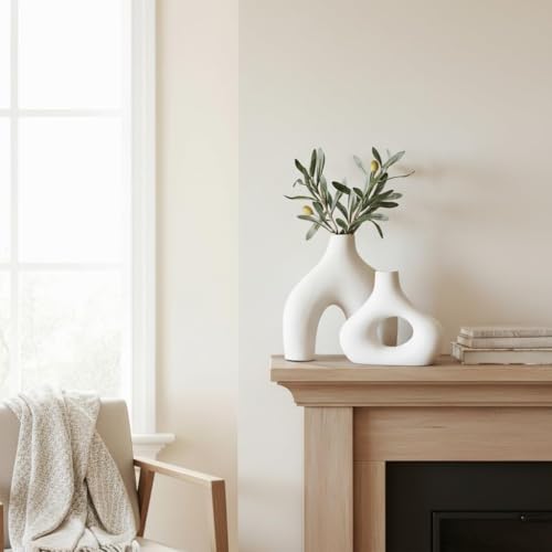 Carrot's Den Donut Vase, Set of 2 - White Large Ceramic Vase - Minimalist Nordic, Hollow | Table Centerpiece, Olive Plant, Wedding, Living Room, Bookshelf, Office, Modern Home, Entryway, Console