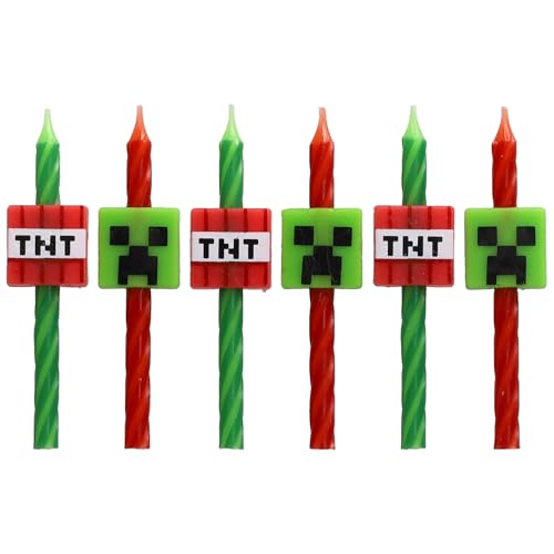 Minecraft Birthday Cake Candles | 6 Birthday Candles for Cake Decorations, Red & Green Striped Candles, Cake Toppers for Minecraft Party