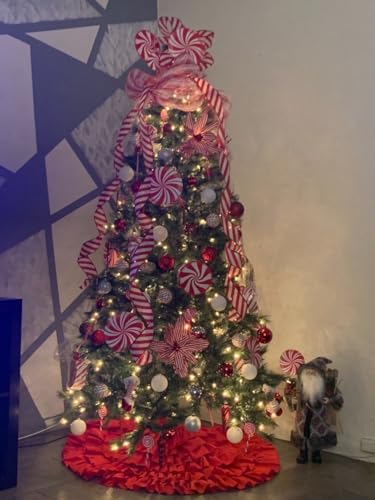 yuboo Large Red Ruffle Tree Skirt 48", Rustic Farmhouse Wedding Decorations, Tiered Fluffy Tree Skirt for Engagement Party & Mother Day Holiday Decor