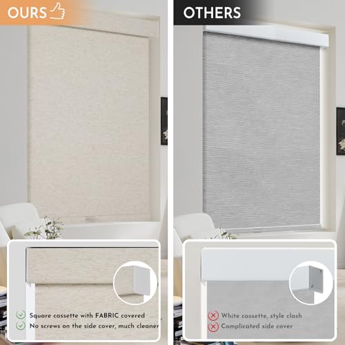 Persilux Blackout Roller Shades for Window Blinds,Cordless,Linen Fabric,Thermal Insulated Fabric UV Protection Shades for Home,Office,Bedroom,Door,Blackout-Cream,34 1/2" W X 64" H