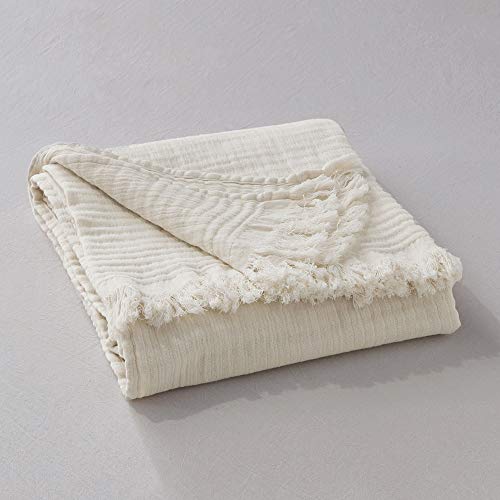Simple&Opulence Cotton Muslin Throw Blanket for Bed, Couch, Knit Woven Gauze Blanket with Tassels, Soft Lightweight Cozy Pre-Washed Breathable Farmhouse Decoration for All-Season (Cream)