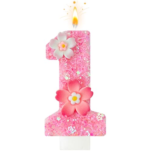 Pink Flower Birthday Candle,Number Birthday Candles for Cake, Ideal Birthday Parties Cake Decor, Wedding Anniversary and Other Celebrations (Number 1, Pink)