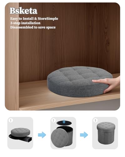 Bsketa Round Storage Ottoman, 14" Folding Linen Foot Stool,Dark Gray 2 Pack