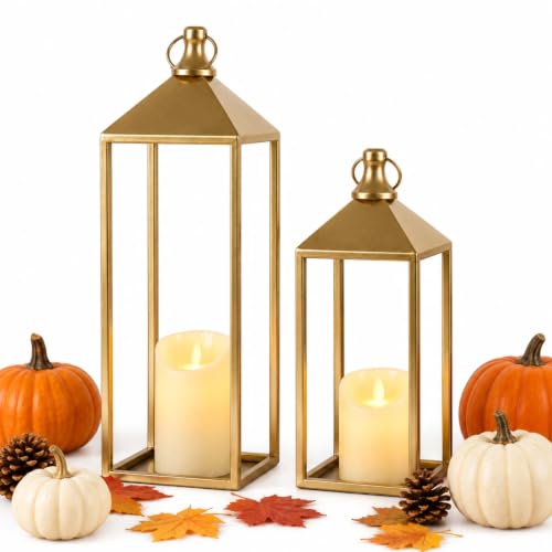 Set of 2 Decorative Lanterns with Candles, Gold Metal Lanterns Decor