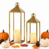 Set of 2 Decorative Lanterns with Candles, Gold Metal Lanterns Decor