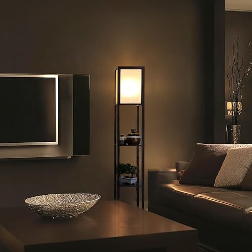 Brightech Maxwell - Modern Shelf Floor Lamp with Lamp Shade & Warm White LED Bulb, Corner Display Floor Lamp with Shelves for Living Room, Bedroom, Nightstand Office, Home Decor Storage - Black