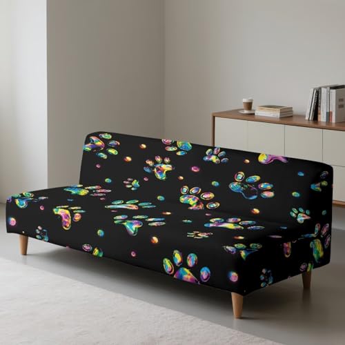 Rainbow Paw Print Armless Futon Couch Cover Black Slipcover for Futon Sofa Furniture Decor Anti Slip Couch Slipcover for Office