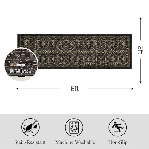 Ruaruarug Washable Area Rug Runner 2×6 for Kitchen Living Room Bedroom, Ultra Soft Non Slip Stain & Fade Resistant, Pet & Kids Friendly, Suitable for High Traffic Areas Easy to Clean, Black Grey