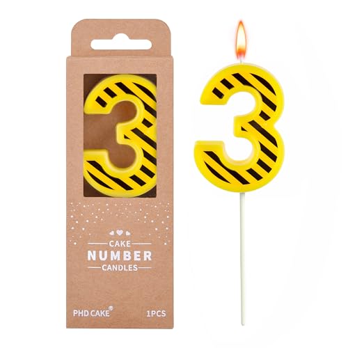 PHD CAKE 2.76 Inch Number 3 Construction Birthday Candles, Yellow and White Stripes Number Candles, Cake Number Candles, Party Celebration, Style Candle